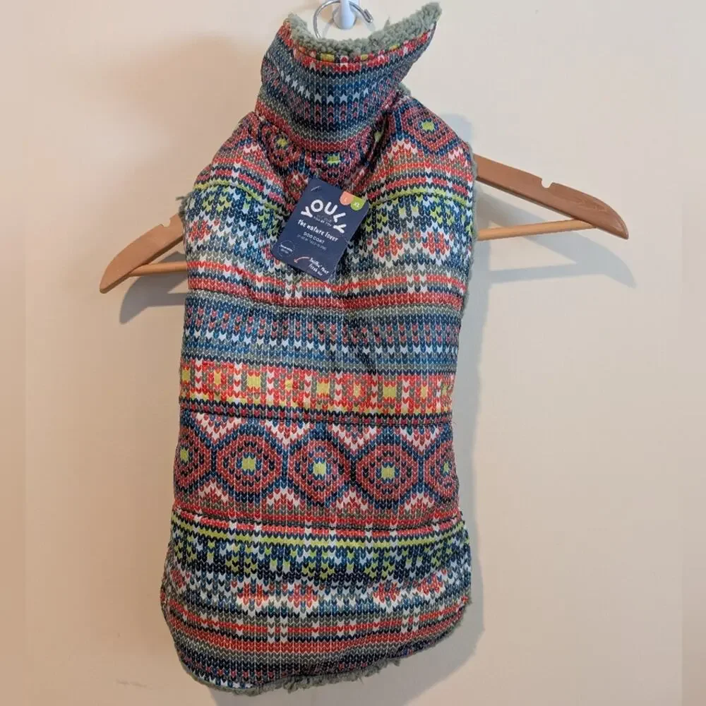 Youly Reversible Dog Coat Puffer Sherpa Multicolor Fair Isle LG/XL NWT